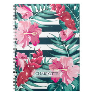 Carnet Monogramme floral d'été exotique rayé