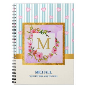Carnet Monogramme Floral Élégant et Rayures Bleu Pastel