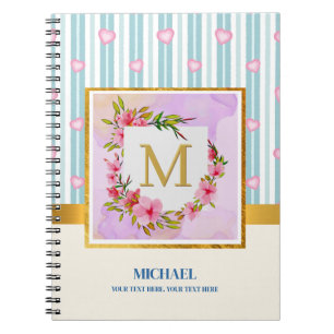 Carnet Monogramme floral élégant et rayures pastel bleu