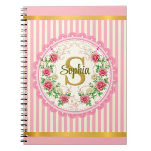 Carnet Monogramme floral en dentelle rayures roses vintag