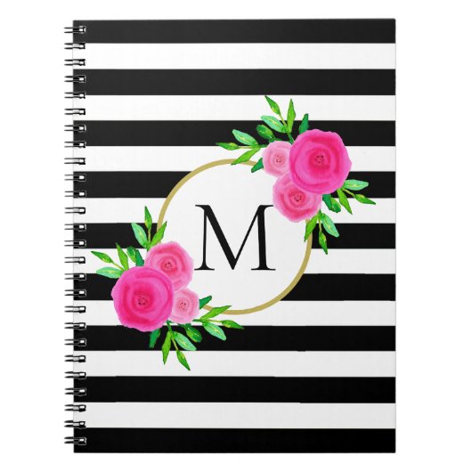 Carnet Monogramme floral rose Aquarelle Bande blanche noi (Devant)