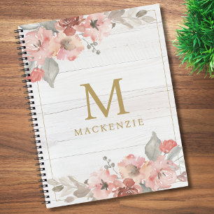 Carnet Monogramme Floral Rose Aquarelle Bois Rustique