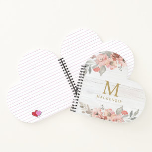 Carnet Monogramme Floral Rose Aquarelle Bois Rustique