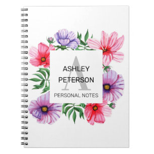 Carnet Monogramme floral rose girly mignon personnalisé