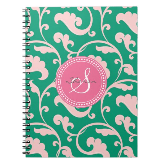 Carnet Monogramme floral rose vert girly élégant de motif (Devant)