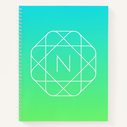 Carnet Monogramme Géométrique Cool | Dégradé Bleu & Vert (Devant)