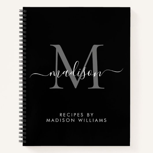 Carnet Monogramme gris argent noir Nom du script Recette (Devant)
