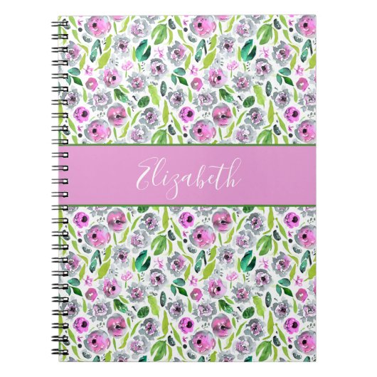 Carnet Monogramme Gris rose Vert Boho Aquarelle Florale (Devant)
