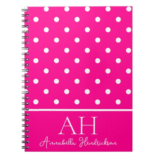 Carnet Monogramme initial à pois rose néon chaud (Devant)