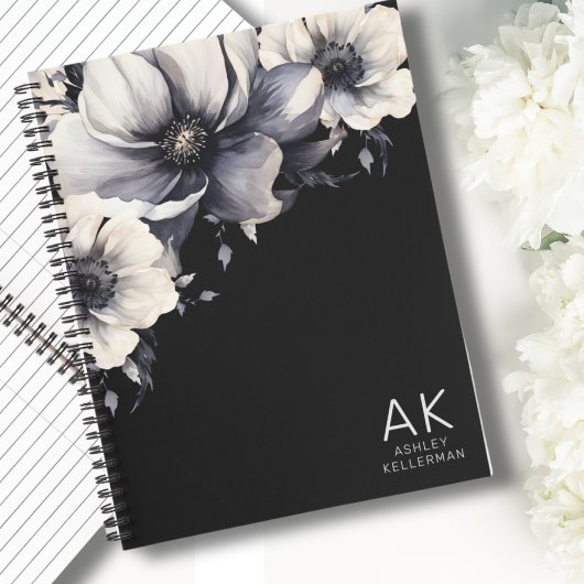 Carnet Monogramme Initial Blanc Noir Floral Moderne