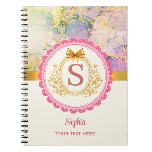 Carnet Monogramme Initial Élégant Pastel Marbre Rose Or (Devant)