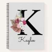 Carnet Monogramme initial K rose Boho Floral (Devant)