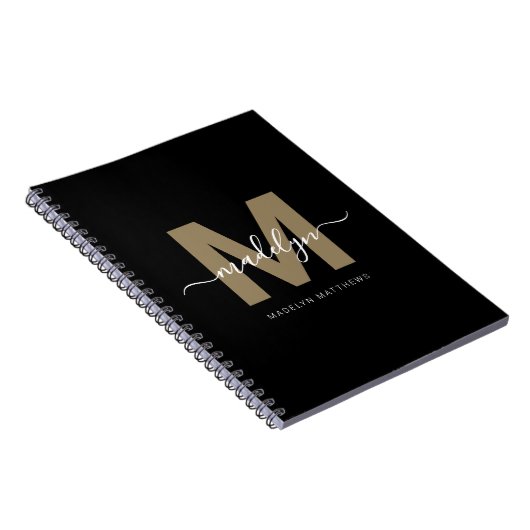 Carnet Monogramme Initial Nom de Script Or Noir Moderne (Côté Droit)