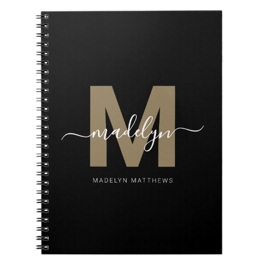 Carnet Monogramme Initial Nom de Script Or Noir Moderne (Devant)