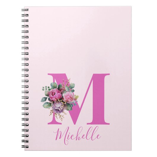 Carnet Monogramme Initial Nom Fleurs Aquarelle Rose (Devant)