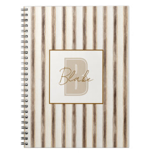 Carnet Monogramme Initial Nom Rayures Marron Crème