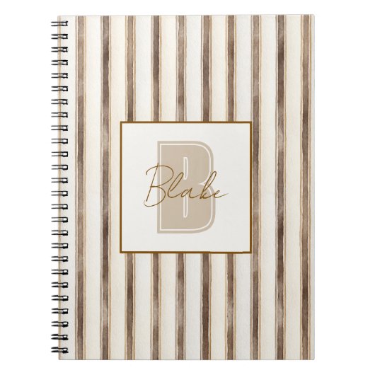 Carnet Monogramme Initial Nom Rayures Marron Crème (Devant)