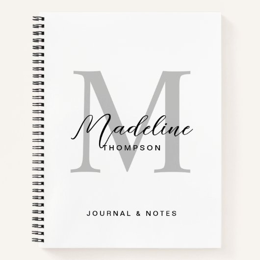 Carnet Monogramme Initial Script Noir Moderne Blanc Gris (Devant)