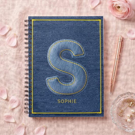 Carnet Monogramme initiale lettre S en fausse denim bleu