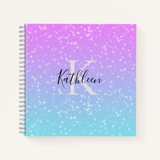 Carnet Monogramme Initiale Nom Rose Bleu Pailleté Féminin (Devant)