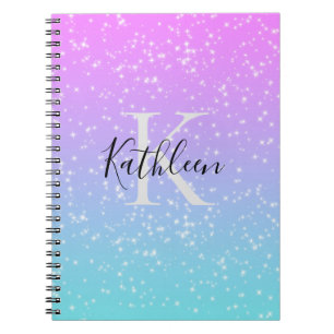 Carnet Monogramme Initiale Nom Rose Bleu Pailleté Féminin
