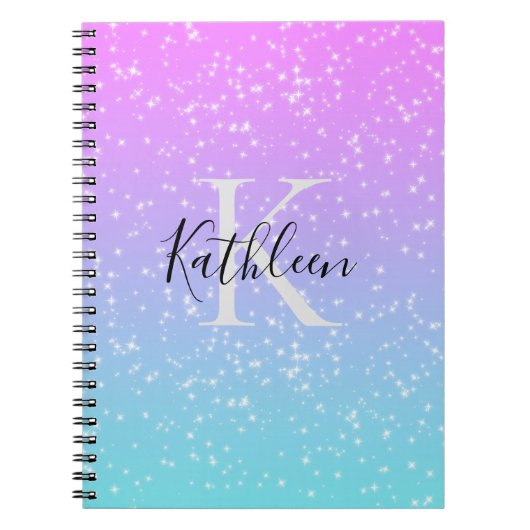 Carnet Monogramme Initiale Nom Rose Bleu Pailleté Féminin (Devant)