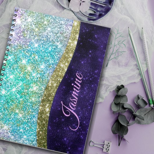 Carnet Monogramme iridescent chic bleu violet faux paille