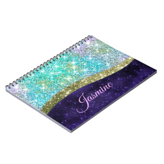 Carnet Monogramme iridescent chic faux pailleté bleu viol (Côté gauche)