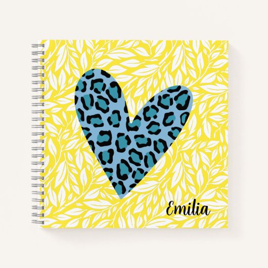 Carnet Monogramme joli cœur léopard bleu jaune mignon (Devant)