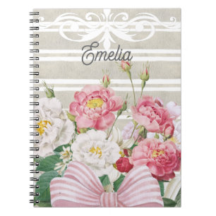 Carnet Monogramme joli floral rayures Gris rose