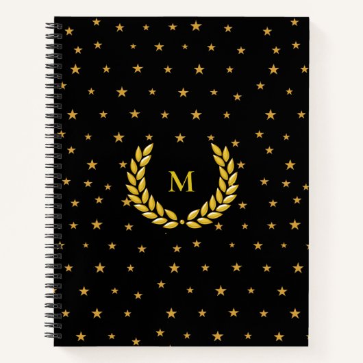 Carnet Monogramme, laurier et étoiles dorées sur fond noi (Devant)
