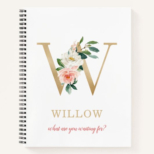 Carnet Monogramme Lettre W Or | Devise ou citation floral (Devant)