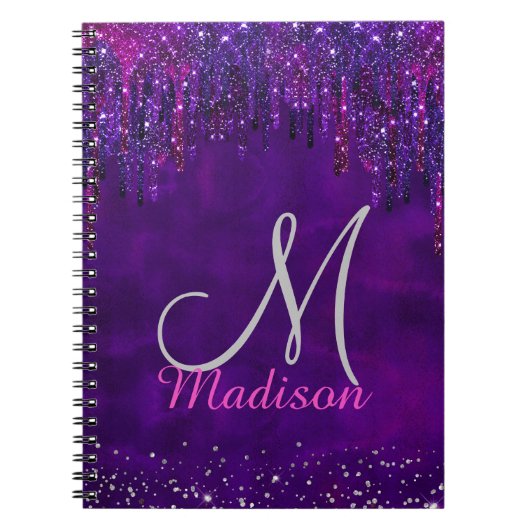 Carnet Monogramme licorne rose violet mignon avec gouttes (Devant)