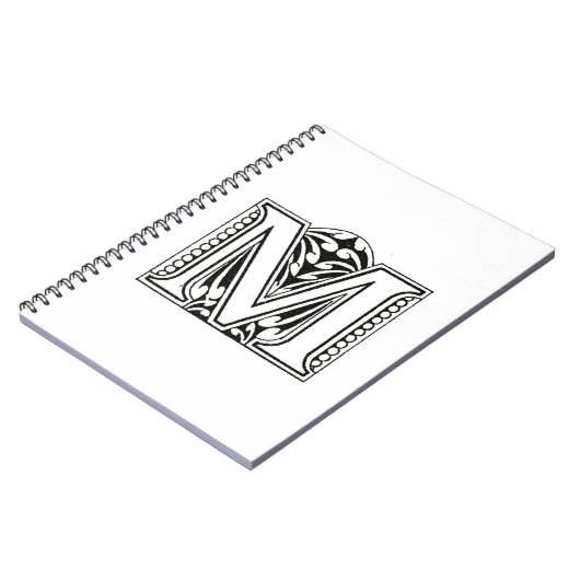 Carnet Monogramme M, lettre M, alphabet M, noir et blanc (Côté gauche)
