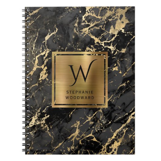 Carnet Monogramme Marbre Noir Élégant Or (Devant)