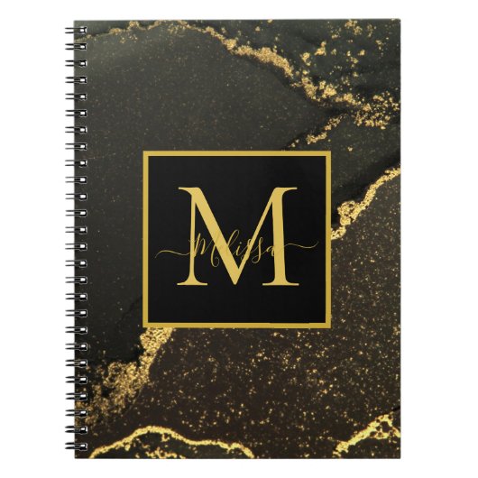 Carnet Monogramme marbré noir et or moderne (Devant)