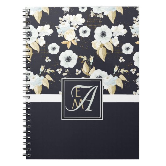 Carnet Monogramme Marine Bleu Blanc Floral Décor Anémone (Devant)