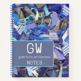 Carnet Monogramme marine bleu blanc rayé nautique abstrai