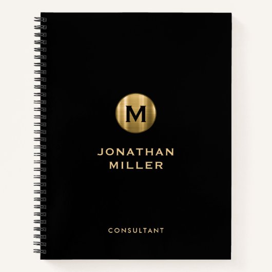 Carnet Monogramme métallique brossé minimal en or noir (Devant)