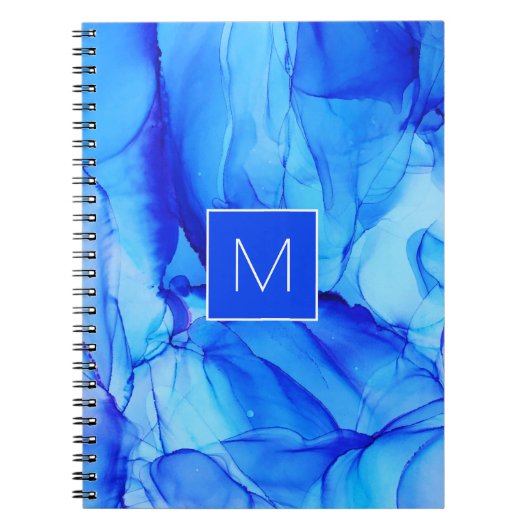 Carnet Monogramme Moderne Abstrait Lavis d'Encre Bleue (Devant)