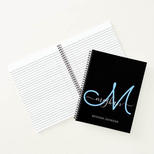 Carnet Monogramme Moderne Élégant Noir Bleu Script (Intérieur)
