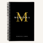 Carnet Monogramme Moderne Élégant Noir Or Nom Initial (Recto)