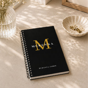 Carnet Monogramme Moderne Élégant Noir Or Nom Initial