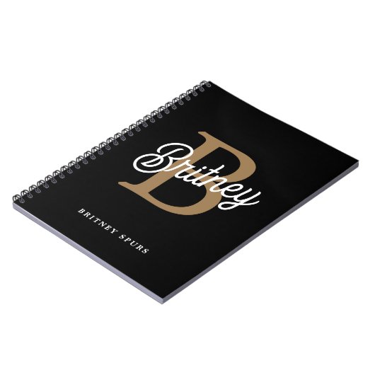 Carnet Monogramme moderne élégant Nom Black Gold Script (Côté gauche)