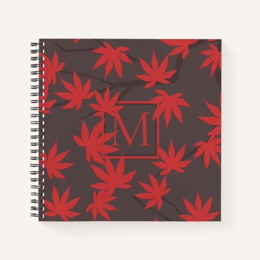 Carnet Monogramme Moderne Feuille d'Érable Rouge Grise (Devant)