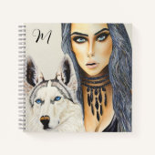 Carnet Monogramme moderne Glam Woman & Husky Wolf Dog (Devant)