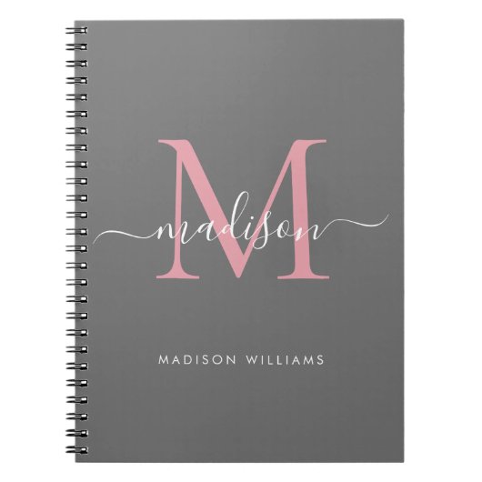 Carnet Monogramme moderne Gris Blush Rose Girl Nom du scr (Devant)