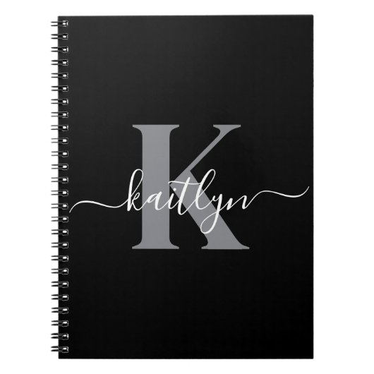 Carnet Monogramme moderne gris noir script (Devant)