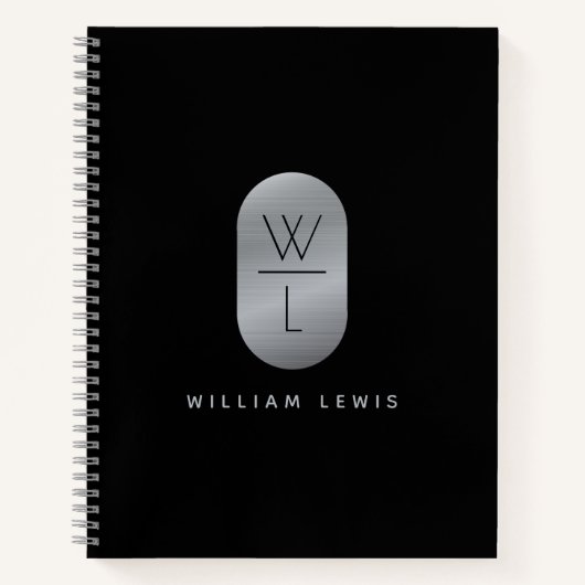 Carnet Monogramme Moderne Minimaliste Argent & Noir (Devant)