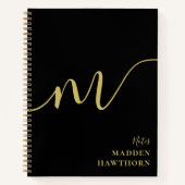 Carnet Monogramme moderne Script Calligraphie Black Gold  (Devant)